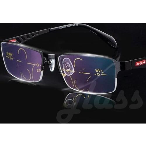 Multi-Focus Progressive Reading Glasses Photochromic Presbyopic Magnifying Anti-blue Light Hollow-Out Metal Half Frame Black