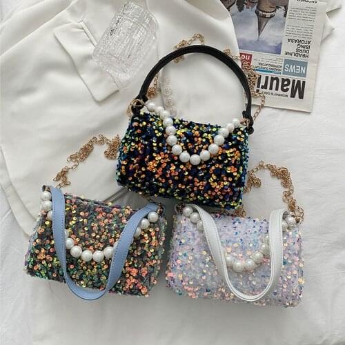 Fashion Sequins Shoulder Bag for Women Casual Messenger Bags Female Pearl Chain Purse Ladies Small Handbag Evening Party Clutch