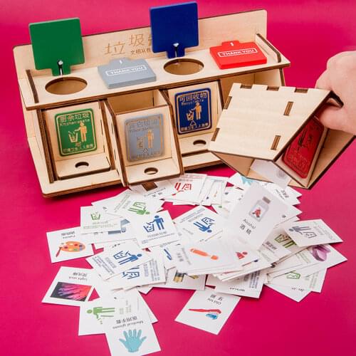 Montessori Daily Life Skill Toys Wooden DIY Trash Cans Board Toy Garbage Classification Trash Cans with Play Cards Toys for Gift