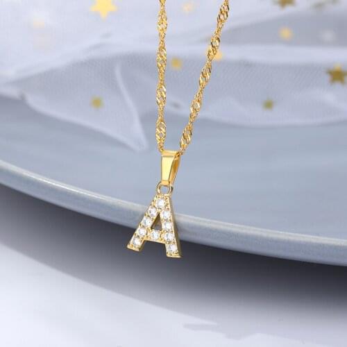 Men Zircon Initial A-Z 26 Letter Necklaces Pendant Gold Color Hip Hop Jewelry For Women With Stainless Steel Water Wave Chain