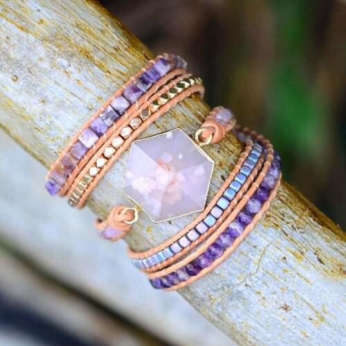 2019 Newly Chic Bohemia Leather Bracelet Natural Cherry Blossom Stone 5X Wrap Bracelet Handmade Jewelry Women Gifts