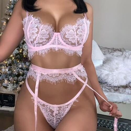 New Sexy Lingerie Three-Piece Suit Exotic Costumes Set Cutout Sling Teddies Babydolls Lace Exotic Bodysuits for Women Plusize