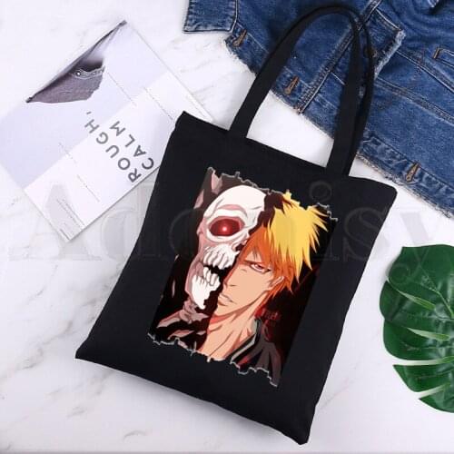 Bleach Anime Kurosaki Ichigo Zaraki Kenpachi Black Canvas Print Shopping Bags Girls Fashion Life Casual Pacakge Hand Bag