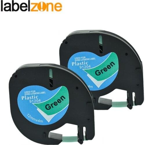2pcs LT91204 Plastic Tapes Compatible Dymo 91204 12mm*4m Balck on Green Label Ribbon Easy To Use for DYMO Letratag Label Makers