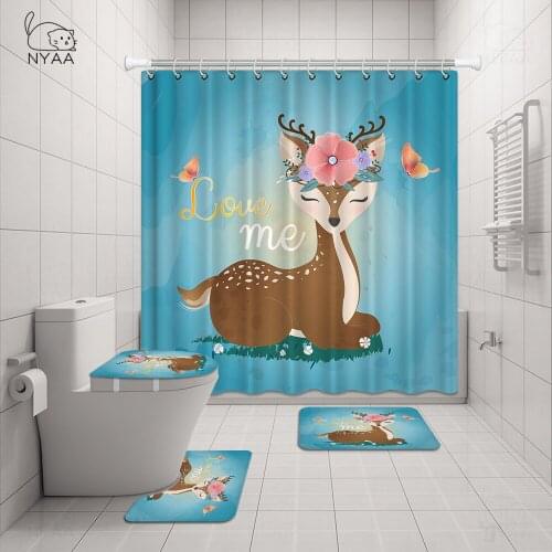 Forest Creek Deer Christmas Elk 180x180cm Shower Curtain Pedestal Rug Lid Toilet Cover Mat Non-slip Bath Mat Set Bat