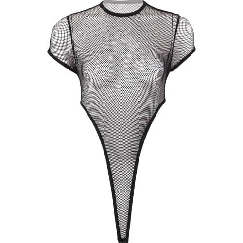 Sexy Female Women One-piece See Through Sheer Fishnet Round Neck Short Sleeves High Cut Leotard Bodysuit Jumpsuit Tops Clubwear