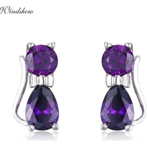 Cute 925 Sterling Silver Kitten Kitty Cat Gatos Purple CZ Stud Earrings For Women Girls Kids Child Piercing Jewelry Aros Aretes