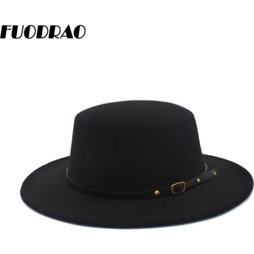 FUODRAO New Classic Solid Color Fedora Hat Women Wool Flat Top Bowler Hat Man Wide Brim Jazz Cap Elegant Lady Church Hats P21