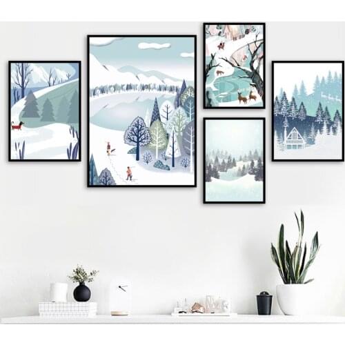 Snow Mountain Forest Lake Vintage Illustration Art Canvas Painting Nordic Posters And Prints Wall Pictures For Living Room Decor