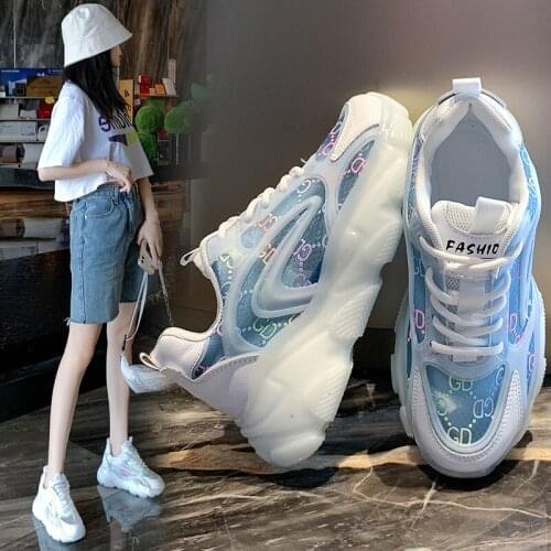 Printed Dad Shoes Womens 2021 Spring and Summer New Mesh Shoes Lace Breathable Soft Bottom Casual Sneakers