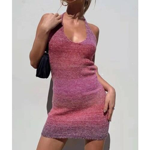 Ladies Sexy Tight Buttocks Spring Autumn Women Neck Mounted Hot Knitted Shift Sheath Dress Female Graduated Color Braces Skirt