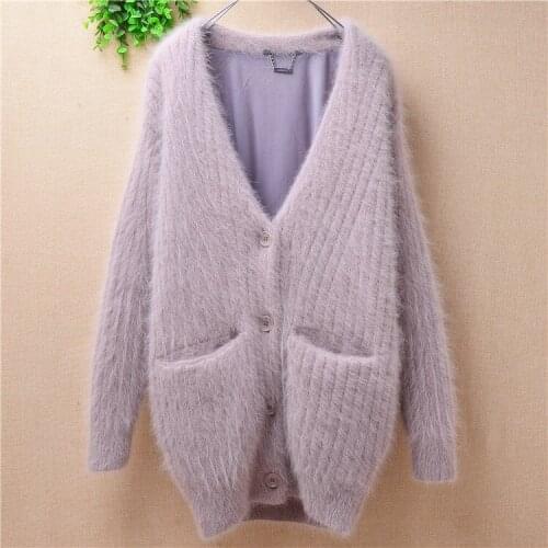 Ladies women fashion hairy plush mink cashmere knitted v-neck long sleeves slim cardigans angora fur winter jacket coat sweater