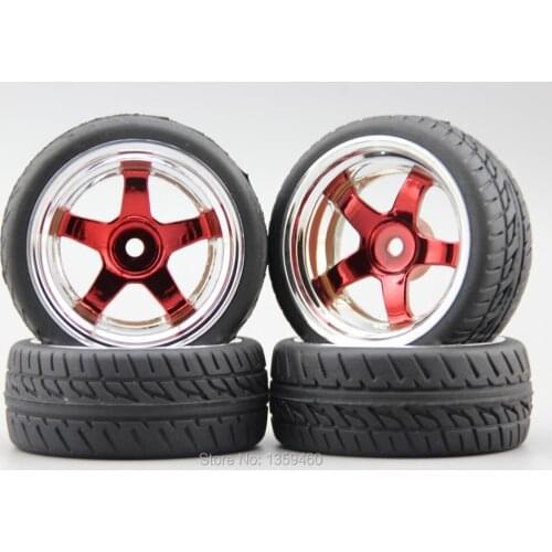 4pcs RC 1/10 Soft Rubber On Road Car Tire Tyre Wheel Rim W5S4CR 6mm Offset(Chrome+Painting Red) 10442(6)+Rubber Tire
