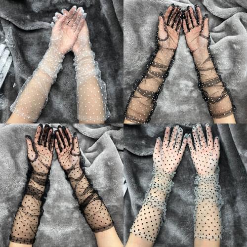 Long Polka Dot Full Finger Mittens Semi Sheer Lace Long Tulle Gloves Lace Mesh Gauze Ultra Thin Women Bride Wedding Golves