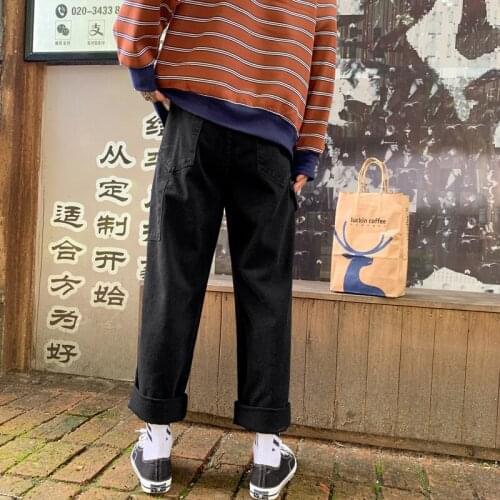 Hong Kong style denim black ankle length casual pants mens casual straight-leg jeans Korean loose autumn mens harem pants