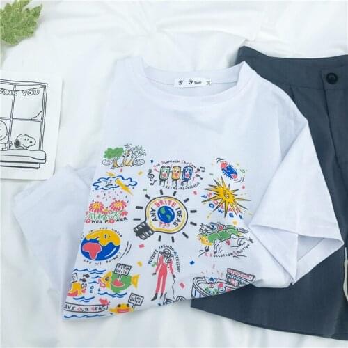 Womens T-shirts Summer graphic tees women cute basic T-shirt Harajuku O-neck white tops Casual loose Short Sleeve Woman Tshirts