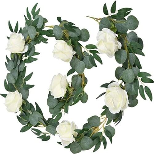 2M Artificial Green Eucalyptus Garland Leaves with Champagne Roses for Wedding Backdrop Flower Arch Table Runner Baby Shower