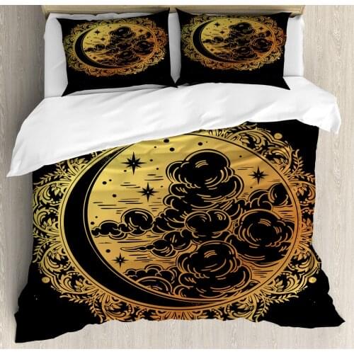 Psychedelic Duvet Cover Set Occult Medieval Graphic Artwork 3 Piece Bedding Set Yellow and Black