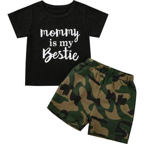 Little Boys Two-pieces Suits Letter Print Short-sleeved Round Neck T-shirt Tops and Camouflage Short Pants Summer Casual Outfits