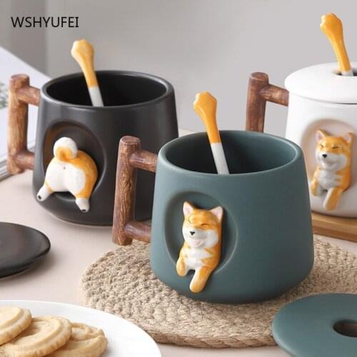 Creative personality cute spoon cup with lid home couple coffee smooth exquisite water cup men and women Shiba Inu cup gift