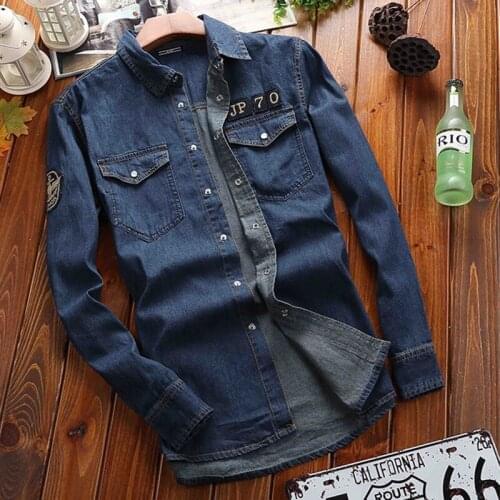 2021 Spring New MenS Casual Fashion Denim Long Sleeve Shirt Blue Lapel Double Pocket Loose Top Pure Cotton Denim Shirt Jacket