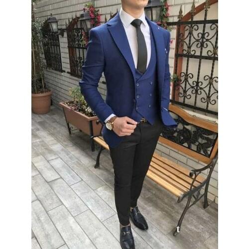 Men Suits Light Navy Blue and Black Groom Tuxedos Notch Lapel Groomsmen Wedding Best Man 3 Pieces ( Jacket+Pants+Vest+Tie ) C918