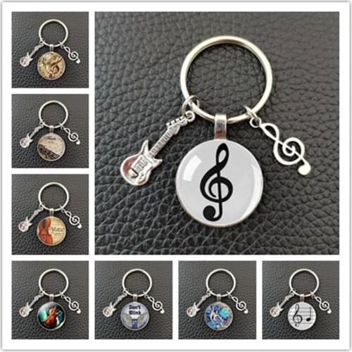 Musical Instrument Clarinet Guitar Flute Violin Music Key Chain Pendant Music Note Keychain Key Rings Music Glass Dome Jewelry