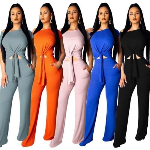 2021 European And American Womens New Two-Piece Summer Short-Sleeved Decorative Bow T-Shirt Tight Waist Pantsuit