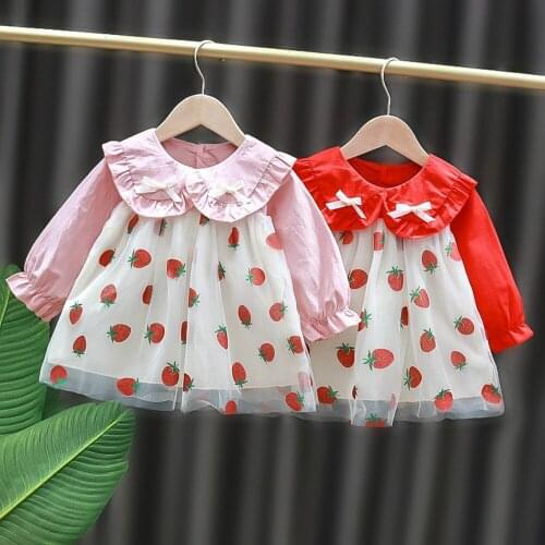 New Sweet Spring Girls Kids Dress Long Sleeve Mesh Strawberry Bow Children Baby Infants Princess Party Dresses Vestidos S11893