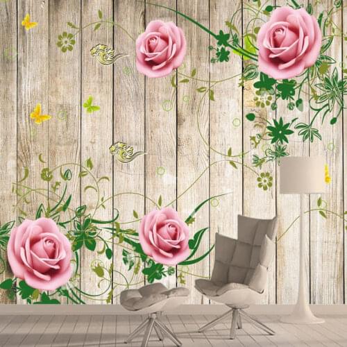 Retro Pink Rose on Woodboard Wallpapers Wall Paper Home Decoration for Living Room Bed Background Murals Self Adhesive Rolls 3d