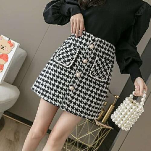 Fall Tweed Woolen Skirt Womens High Waisted Winter Thick Warm Houndstooth Skirts with Pockets Single Breasted Booty Faldas