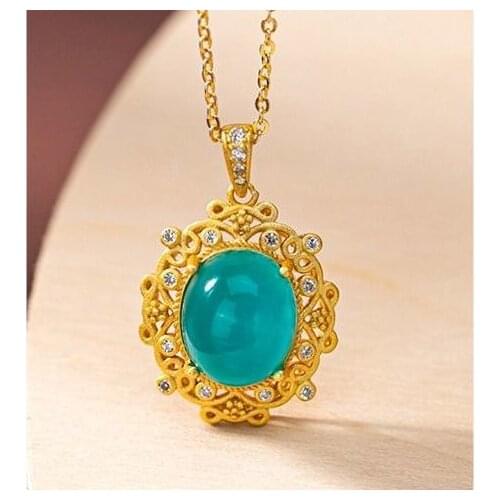 Natural Amazonite Oval Pendant Necklace S925 Sterling Silver Hollow Pattern Jade Clavicle Set Chain for Women Necklace