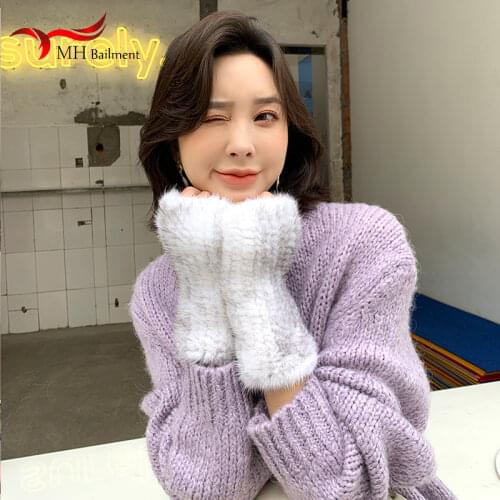 Real Mink Fur Gloves Knitted Women Mittens Fashion Winter Style Gloves DI8