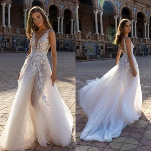 New Arrival Sexy A Line Wedding Dresses V Neck Lace Appliques Bridal Gowns Custom Made Open Back Sweep Train Wedding Dress