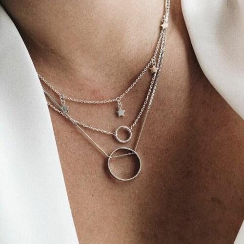 Simple Geometry Round Star Fringed Necklace Fashion Multi-layer Silver Color Pendant Accessories Elegant Women Party Jewelry