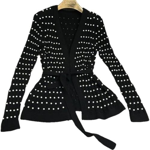 Luxury Handmade Beaded Pearls V-Neck Knitted Cardigan Sweaters Coat Black Casual Loose Long Sleeve Crop Top Women