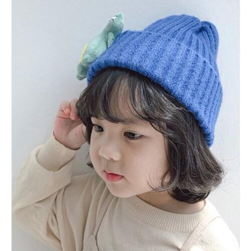 Winter Cartoon Dinosaur Toddler Kids Baby Beanie Hat Stuffed Toy Ribbed Knit Solid Color Cuffed Skull Cap Ear Warmer