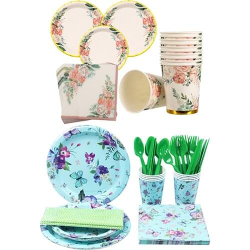 Blue Butterfly Flower Design Disposable Tableware Wedding Decoration Disposable Plates Cups Napkins Birthday Party Decor