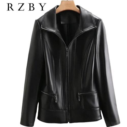 Women Genuine Leather Turn Down Collar Jacket 2021 Autumn New 100% Real Sheepskin Jaqueta De Couro Feminina Fashion Wear RZBY605