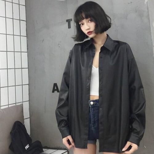 Zoki Pu Leather Women Shirt All Match Jacket Autumn Slim Black Outwear Fit Tops Moto Biker Jacket Fashion Street Wear New 2021