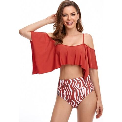 2021 Red and Black Falbala Swimsuit with Ruffles for Women Two Pieces Swimwear Women High Waisted Bikini