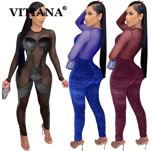 VITIANA Women Mesh Sexy Jumpsuit Spring 2021 Female Long Sleeve Club Clothes Femme Slim Bodycon Jumpsuits Sexy Velvet Clothing