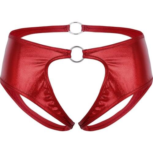 IEFiEL Sexy Women Female Lingerie Soft Faux Leather Crotchless Jockstrap Low Rise Briefs Underwear Panties with Metal O-Rings