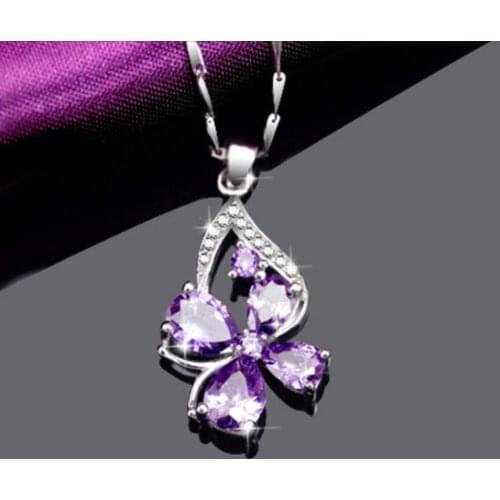 KOFSAC Clover Necklaces For Women Anniversary Gift Shiny Beautiful CZ Crystal Purple Four Leaf Clover Silver Color Necklace Girl