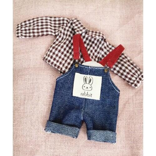 2pcs/set Doll Blyth Clothes Denim overalls Bib Pant +Grid T-shirt for Barbies,ob24,azone,Blyth Pants for 1/6 Doll Clothing Acces