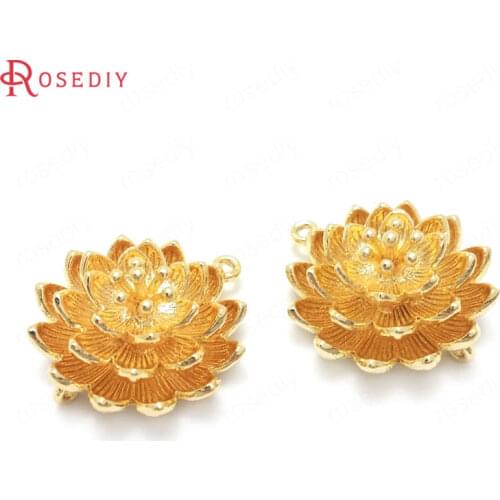 37156)4PCS 20x19MM Height 9.5MM 24K Gold Color Brass 3D Lotus Flower Charms Pendants Jewelry Making Supplies Diy Accessories