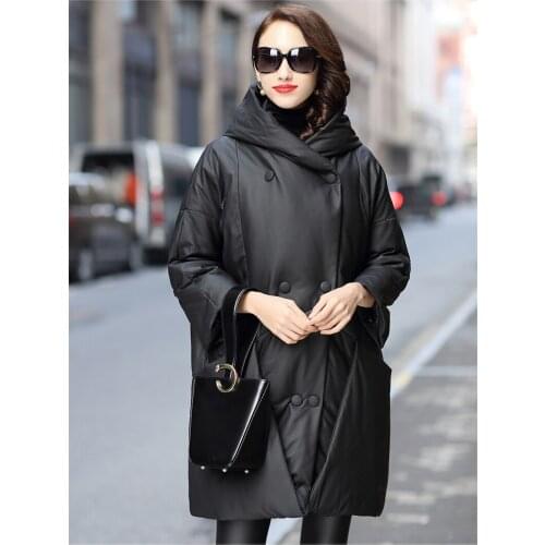 Free Shipping New Genuine Lamb Leather Jacket Long Womens Down Coat with hood Sheepskin Garment Wholesale Retail OEM