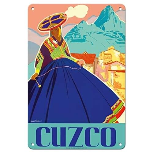 Cuzco, Peru - Machu Picchu - Peruvian Woman in Native Dress with Andean Drop Spindle by Agostinelli c.1947 Metal Tin Sign