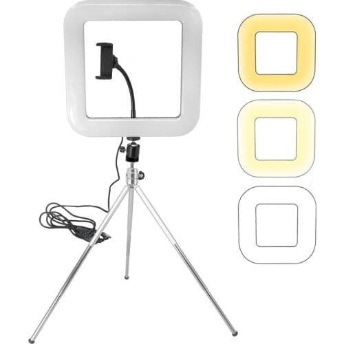 BiColor 11inch Square Light Dimmable LED Selfie Ring Lights for Live Studio Makeup Photography Ringlight Lamp with Tripod Clips