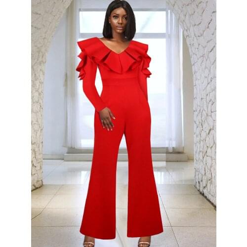 Elegant Women Wide Leg Jumpsuits Red Reffle Large Size One Piece Outfit Party Wear Celebrate Club Rompers Overalls 2021 Fall New